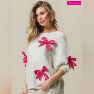 NWT BiBi Sequin Bow Puff Sleeve Sweater